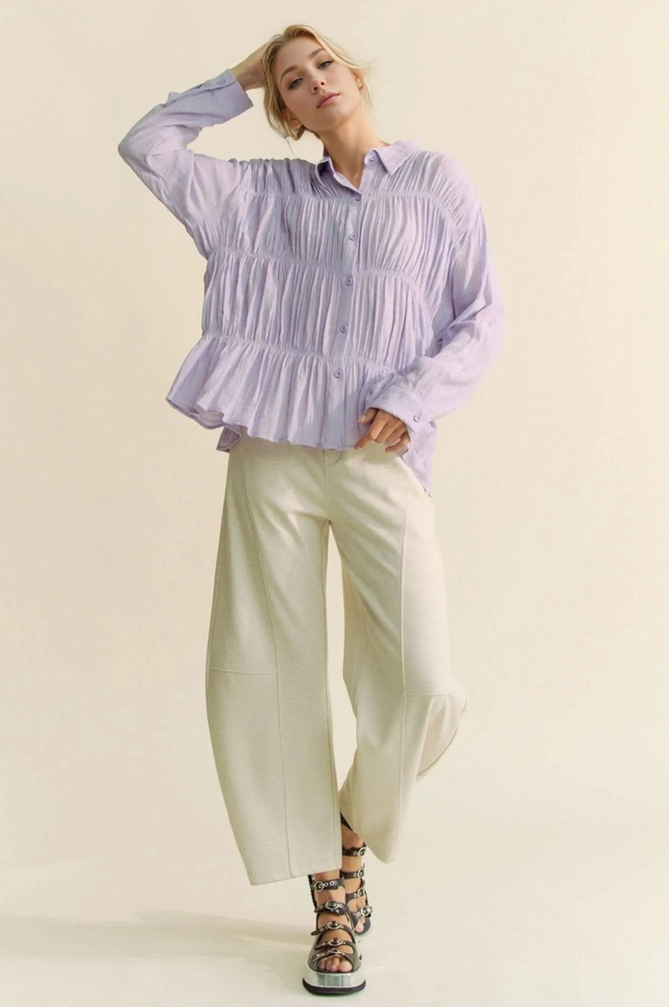 Davi & Dani Women's Shirt Ruched All Over Button Front Long Sleeve Top 4b1b027cc42d463392bf336a966b2001-Max-Origin Trendsi