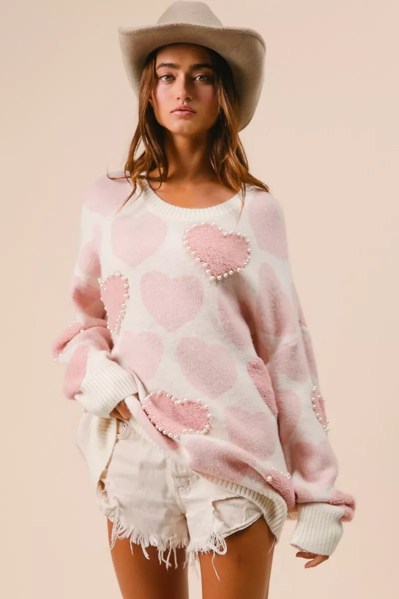 BiBi Womens Sweater Light Pink Heart Pattern with Pearl Detail 4b236ab330554408a30fb32242a4e430-Max-Origin Trendsi