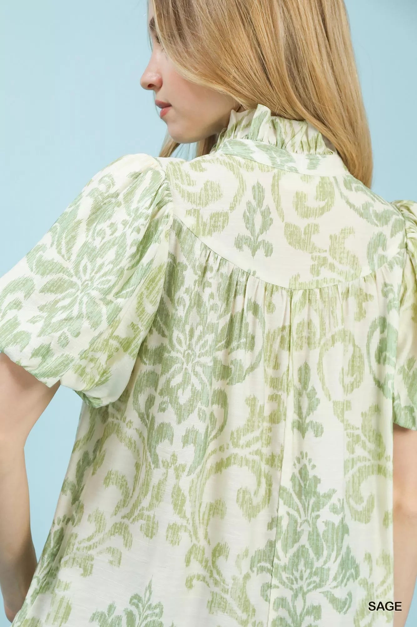 Umgee Blouse Sage Green Damask Puff Short Sleeve Ruffled Top 4b31c3a3-59c7-4dfd-8391-d27668a4a2d0-Max-Origin Trendsi