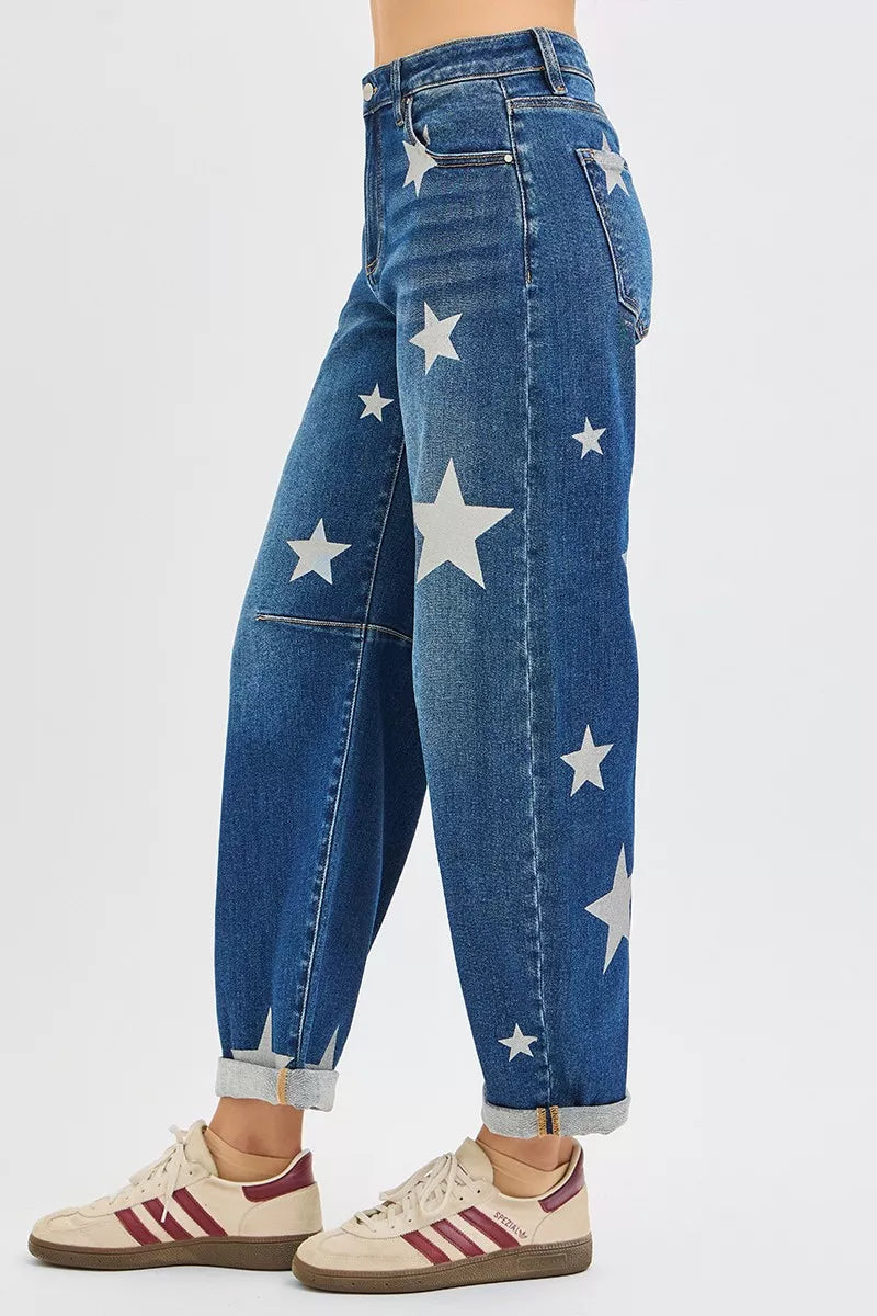 RISEN Star Printed Jeans Womens Mid Rise Ankle Length Relaxed Barrel 4b3f6b0b94d14de584a8ab0e033815dd-Max-Origin Trendsi