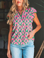 Abstract Heart-in-Heart Print Polo Collar Short Sleeve Blouse with Striped Trim