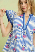 Umgee Blouse Blue Striped Floral Embroidered Flutter Short Sleeve Top 4b5e2d71-520a-4013-bba2-fe8b6e90b0a2-Max-Origin Trendsi