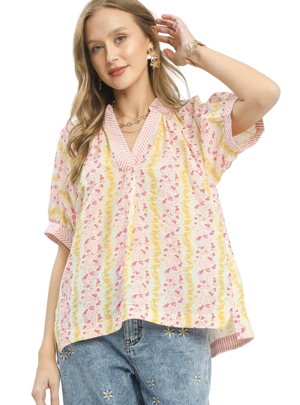 Umgee Mixed Print Boho Blouse with Contrasting Trim