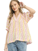Umgee Mixed Print Boho Blouse with Contrasting Trim