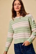 SO ME Women Sweater Openwork Round Neck Wide Stripe Textured Top 4b65f457-f3f5-4dad-849e-e3a0e15883b2-Max-Origin Trendsi