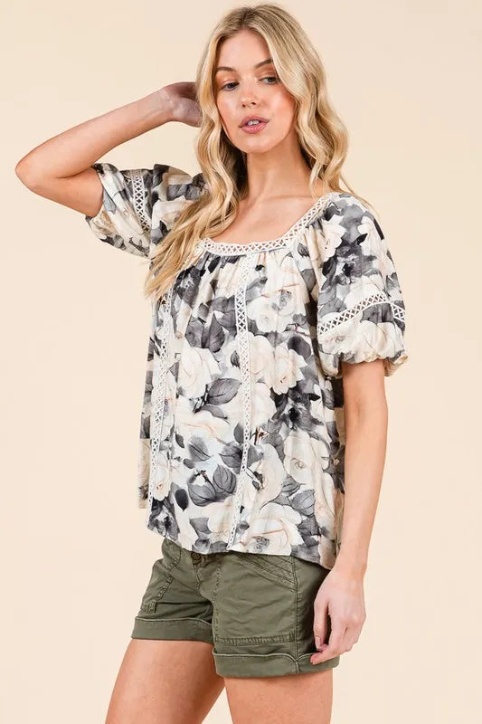 Lime 'N' Chili Blouse Black Floral Print Lace Trim Puff Short Sleeve 4b78102b136d487baa1542a860c2edd3-Max-Origin Trendsi