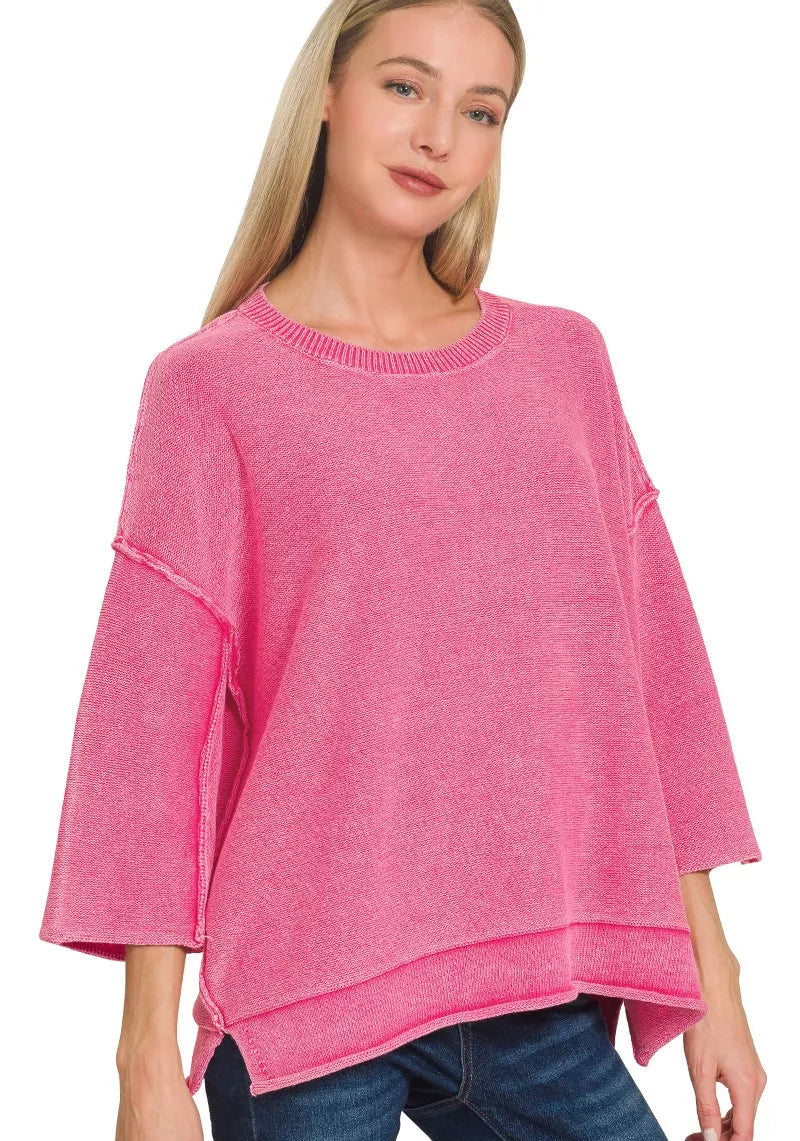 Zenana Womens Boxy Sweater Hot Pink Washed 3/4 Sleeve Top HOT PINK 4b85e09647214e6ca872a0349caec9b2-Max-Origin Trendsi