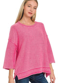 Zenana Womens Boxy Sweater Hot Pink Washed 3/4 Sleeve Top HOT PINK 4b85e09647214e6ca872a0349caec9b2-Max-Origin Trendsi