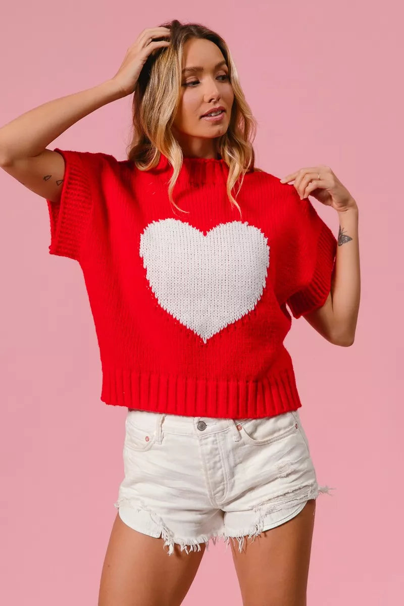 BiBi Valentines Sweater Red Rib Top White Banded Heart Pattern 4b8e7a7ccead44e2829a5c822c783924-Max-Origin Trendsi