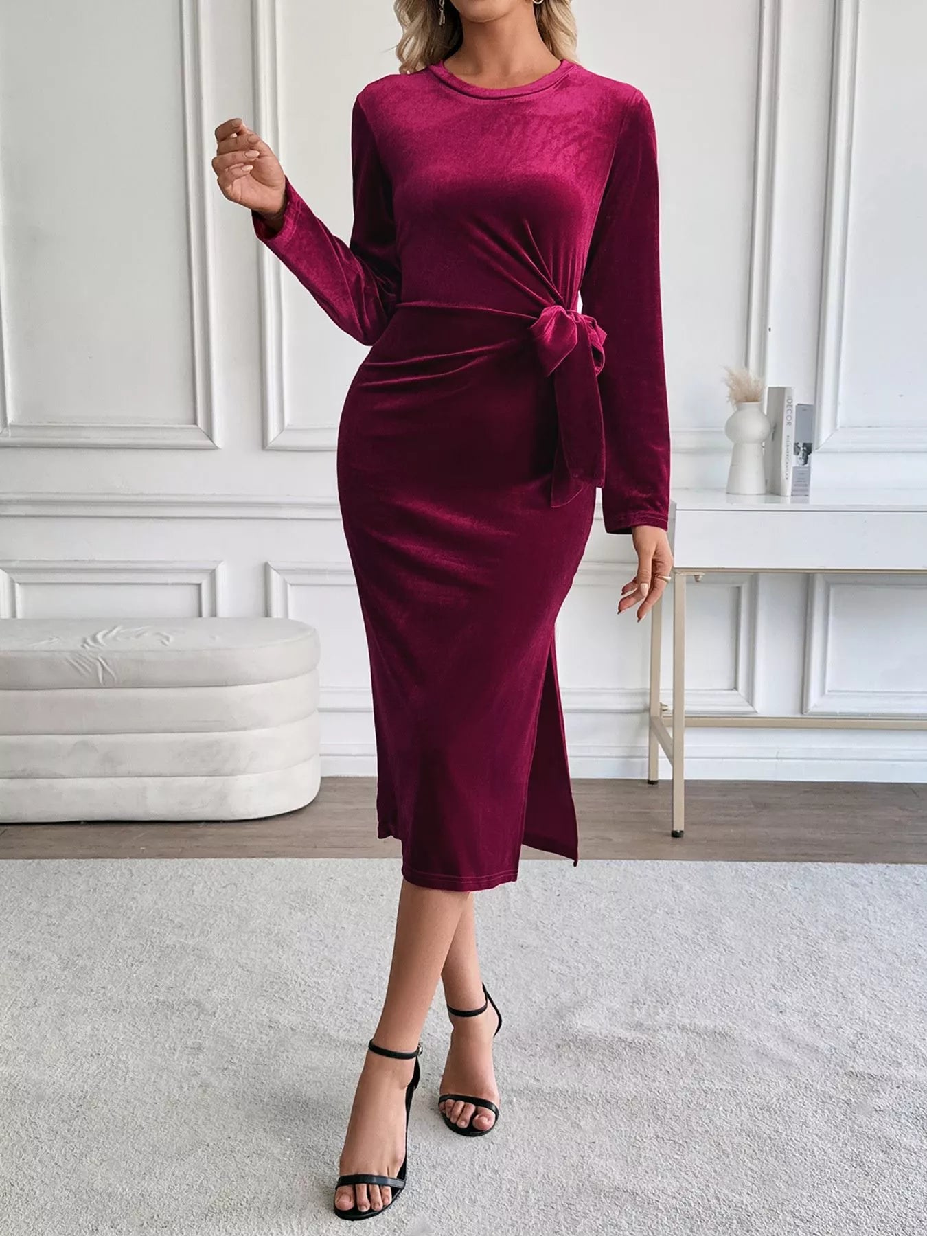 Velvet Midi Dress Burgundy Slit Round Neck Long Sleeve with Side Tie Detail 4b8e9aaa-9b54-4646-9ebd-344ca3e33742-Max-Origin Trendsi