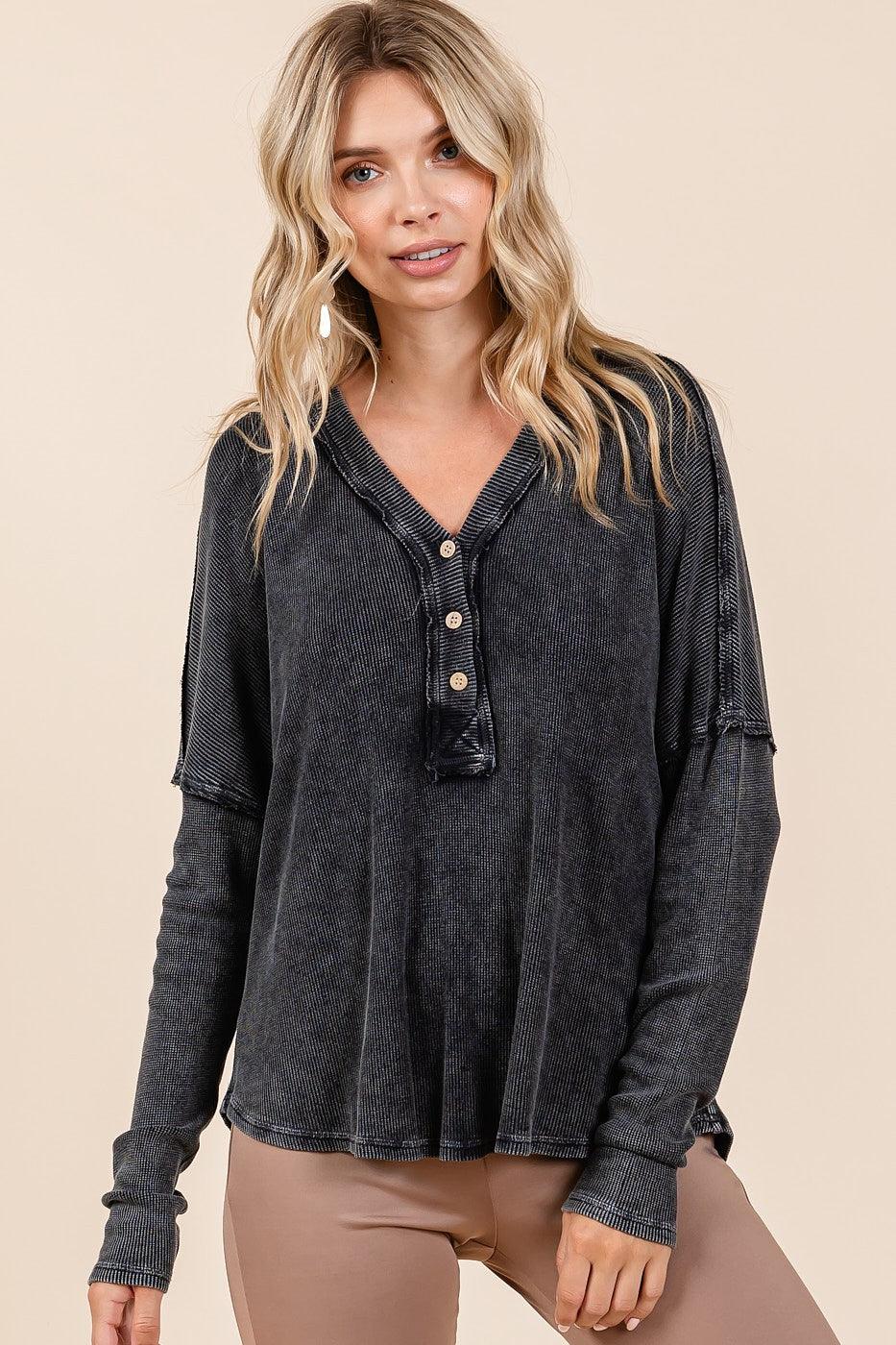 Mittoshop Blouse 100% Cotton Black Washed V-Neck Long Sleeve 4b90ce30-225c-41ae-a83f-2a89caf2c1b6-Max Trendsi