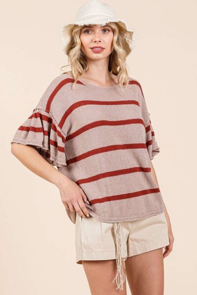 Mittoshop Striped Knit Top Flounce Sleeve Short Sleeve Blouse 4b91da37-3810-42d3-b1c5-463b6b911208-Min Trendsi