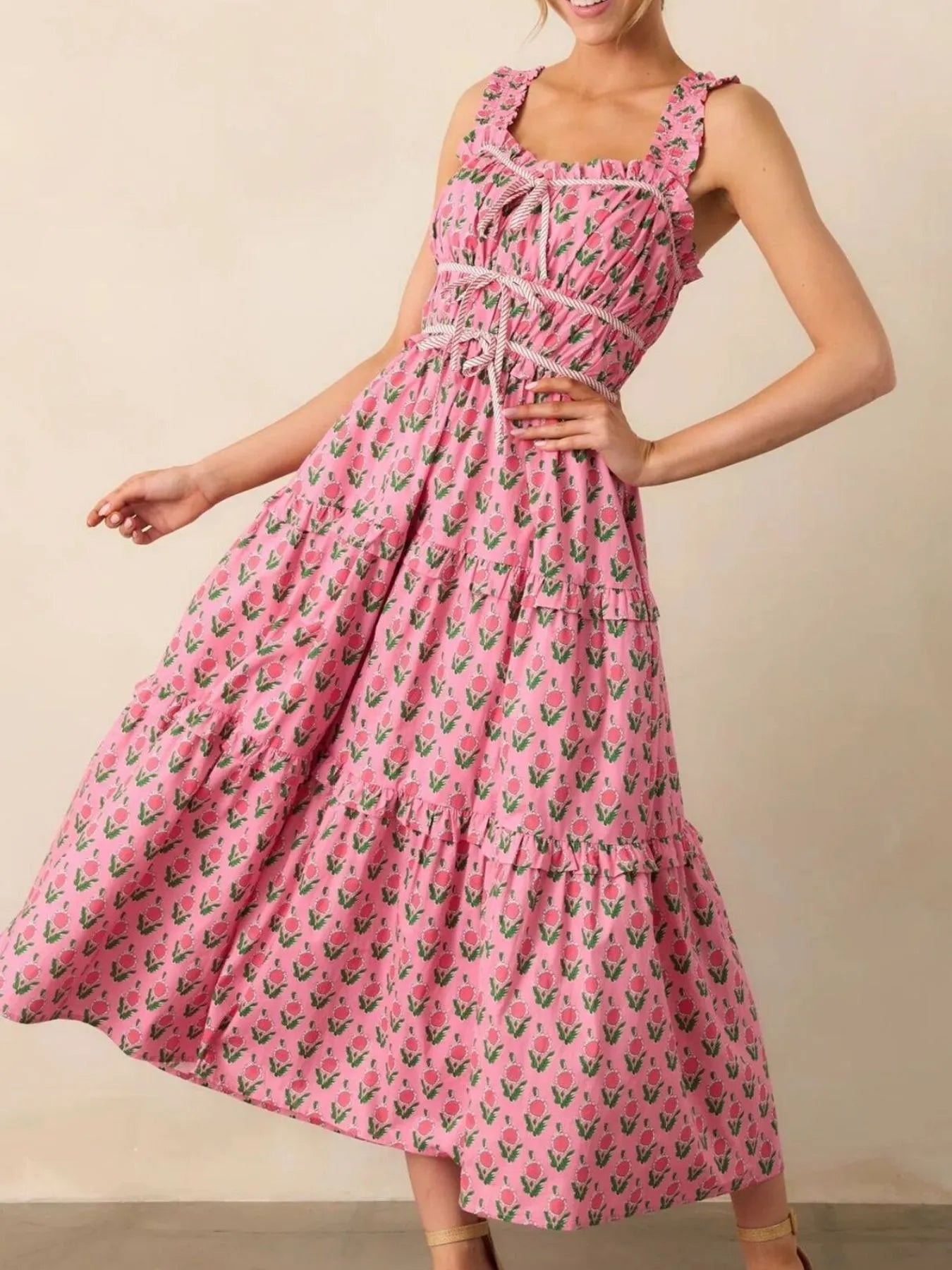 Floral Midi Dress Pink Print Ruffled Straps with Pockets 4b943a08-f6b5-4f7b-9bff-ddf8ceb4c21a-Max-Origin Trendsi