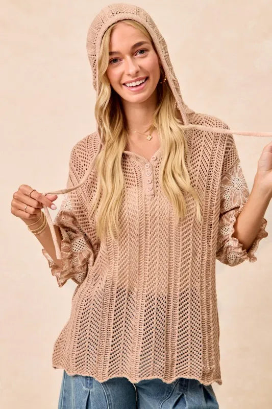 BiBi Hooded Knit Top Taupe Jacquard Flower Puff 3/4 Sleeve Button Tied 4b9b2c85-c772-4aa3-901a-99f8b42103d8-Max-Origin Trendsi