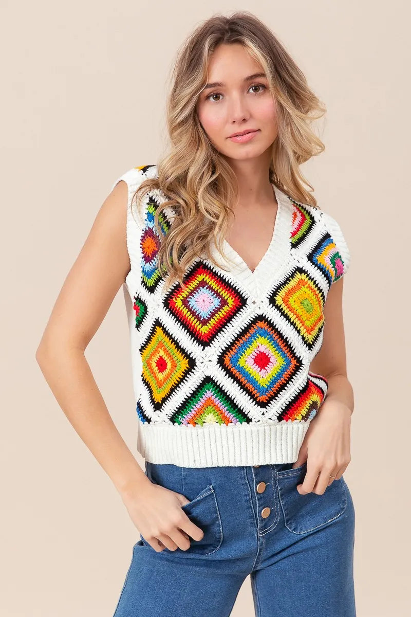 BiBi Sweater Vest Ivory Diamond Granny Multicolor Square Ribbed Knit Top 4b9c1d0fb3ab4fe18fd190a27cdd3320-Max-Origin Trendsi