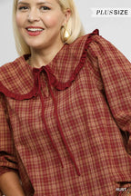 Umgee Women's Blouse Rusty Plaid Ruffle Collar Long Sleeve Top 4ba412eb-8de0-4804-a9a4-6a359b94f830-Max-Origin Trendsi
