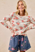 BiBi Womens Knit Top Floral Print Washed Waffle Thermal Blouse 4ba50ff9438b482ab2095ba3106ffb6f-Max-Origin Trendsi