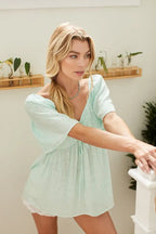 Lime 'N' Chili Babydoll Top Thin Striped with Drawstring Tie Front Short Sleeve 4badc46c1c2347cea394e18fad7781ed-Max-Origin Trendsi