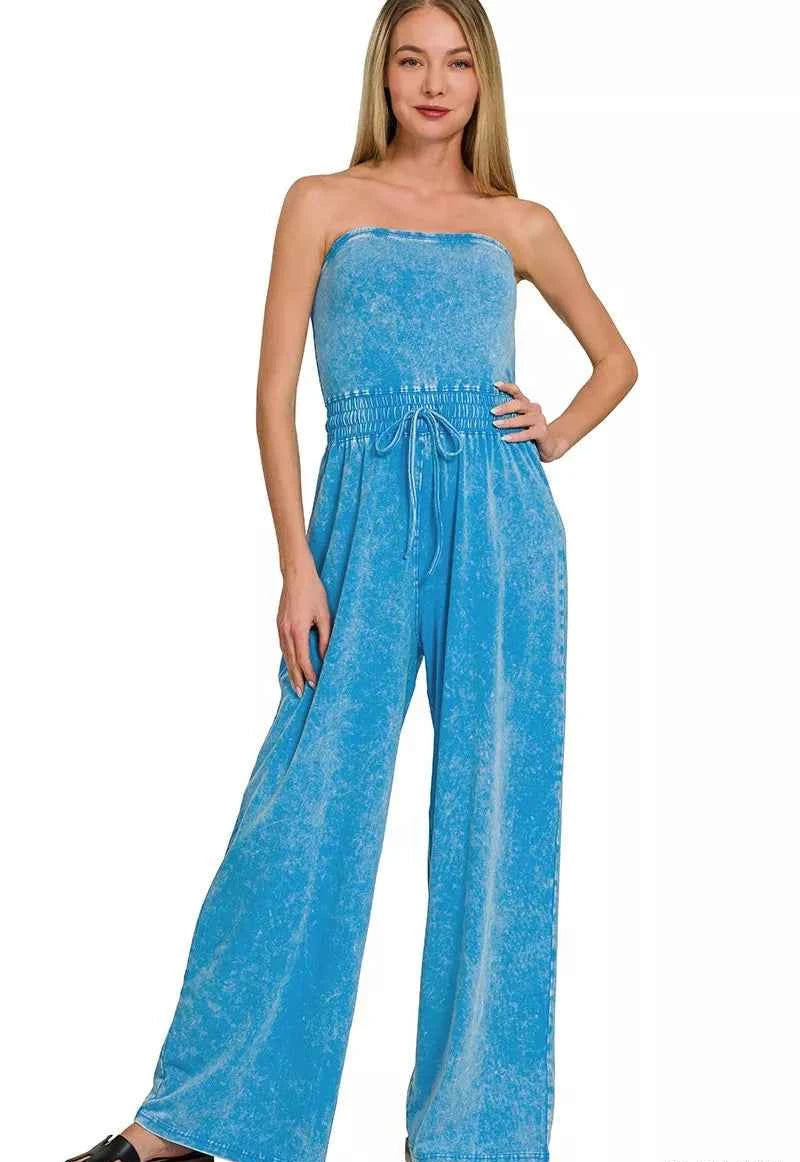 Zenana Acid Washed Strapless Tube Top Jumpsuit
