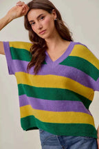 SO ME Women Sweater Purple Mix Mardi Gras Loose Fit V Neck Stripe Top 4bc966e5d6c9413d9929162b89058af2-Max-Origin Trendsi