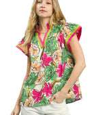 Umgee Floral Print Blouse with Contrast Trim