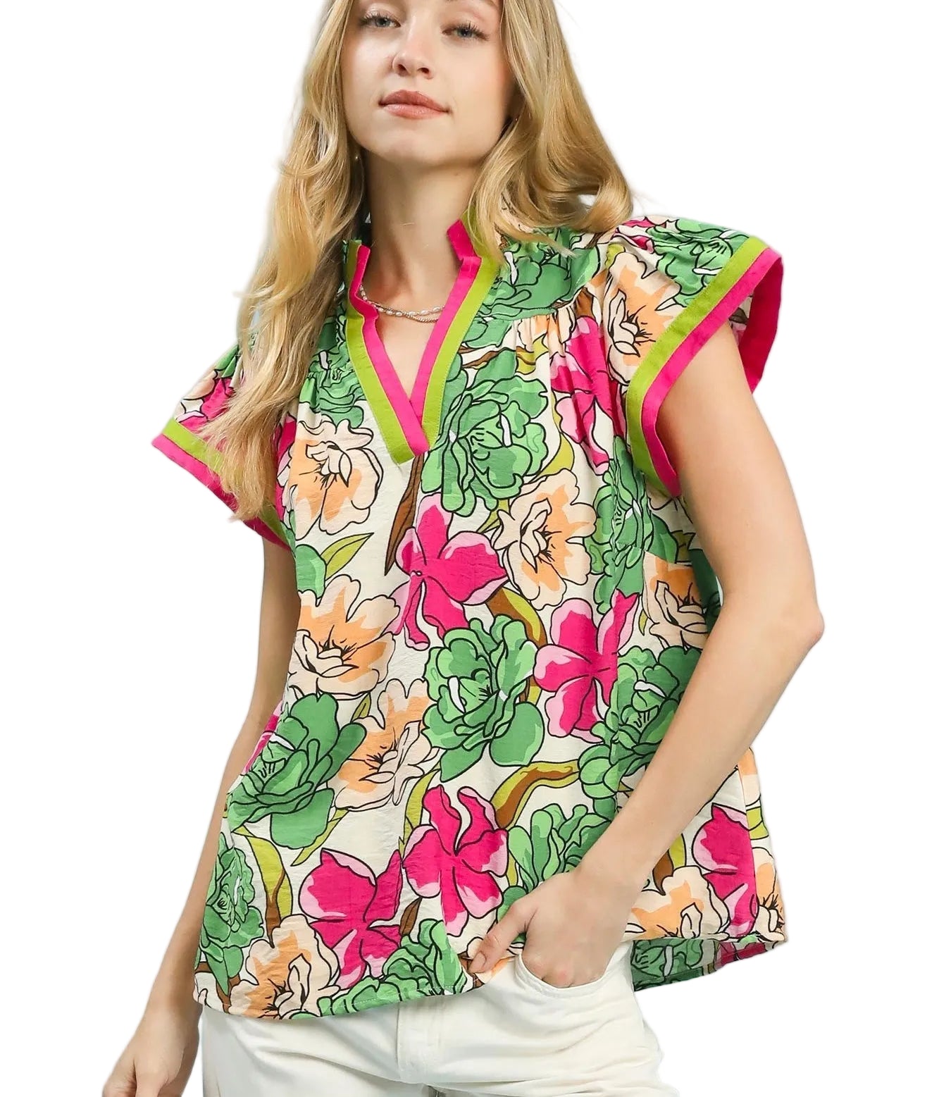 Umgee Floral Print Blouse with Contrast Trim