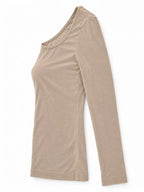 Side profile of beige long sleeve top on mannequin emphasizing sleek silhouette and smooth fabric