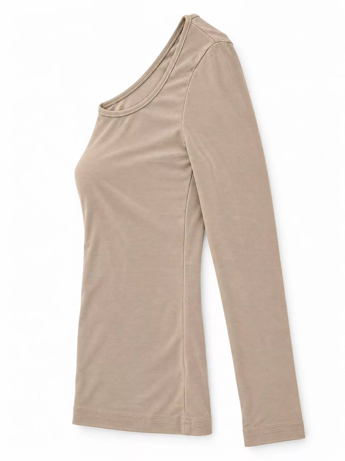 Side profile of beige long sleeve top on mannequin emphasizing sleek silhouette and smooth fabric