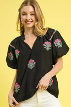 Umgee Blouse Black Floral Embroidered Puff Short Sleeve Ruched Top Black 4be0fbb6-4c2e-4b3b-9211-95b41f547f8c-Max-Origin Trendsi
