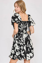 Umgee Babydoll Mini Dress Floral Black White Two Tone Print Puff Short Sleeve 4be65de8-6355-413e-b4c6-517407880c2a-Max Trendsi