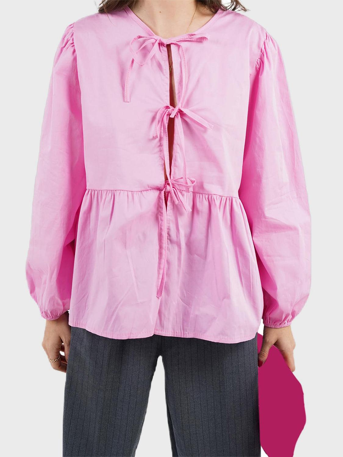 Blouse Front Tied Round Neck Long Sleeve Cotton Blend Tops Blush Pink 4be8ad26-562b-4210-adf2-6b0c162855a8-Max_44e7eaae-9ef7-400f-8596-9e1ffd4c0d1f Trendsi