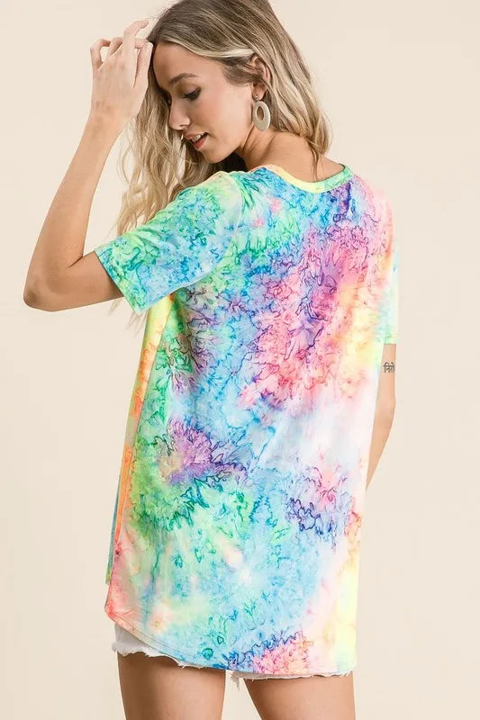 BiBi Tie Dye Print Jersey V Neck Top 4c058afcf4184eba9d7676af5fec13bc-Max-Origin Trendsi
