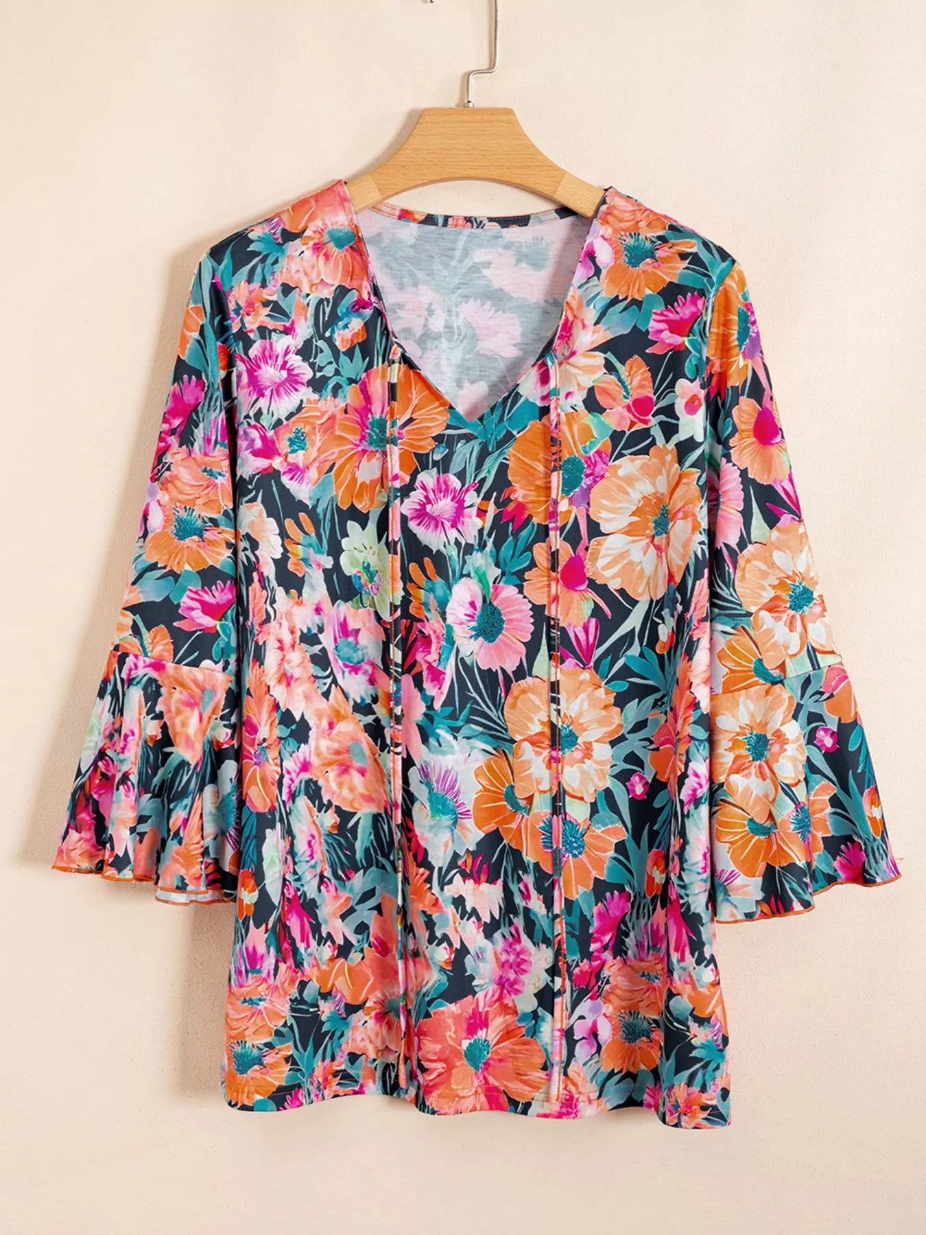 Women's Blouse Floral 3/4 Flare Sleeve Tied Neck 4c0af4e9199443fd988ce41767809844-Max-Origin Trendsi