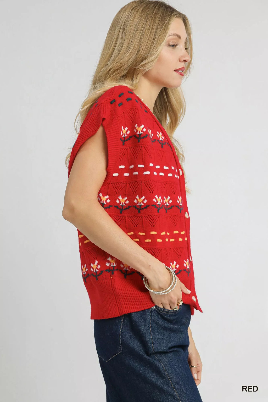 Umgee Knit Vest Womens Red Buttoned Sweater with Floral Pattern 4c19994e-04e9-42fd-9014-24a617cc356a-Max-Origin Trendsi