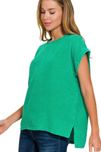 Zenana T-shirt Green Woven Double Gauze Acid Washed Short Sleeve Top 4c1ba92b-7ae0-440d-8d1b-010237c81989-Max-Origin Trendsi