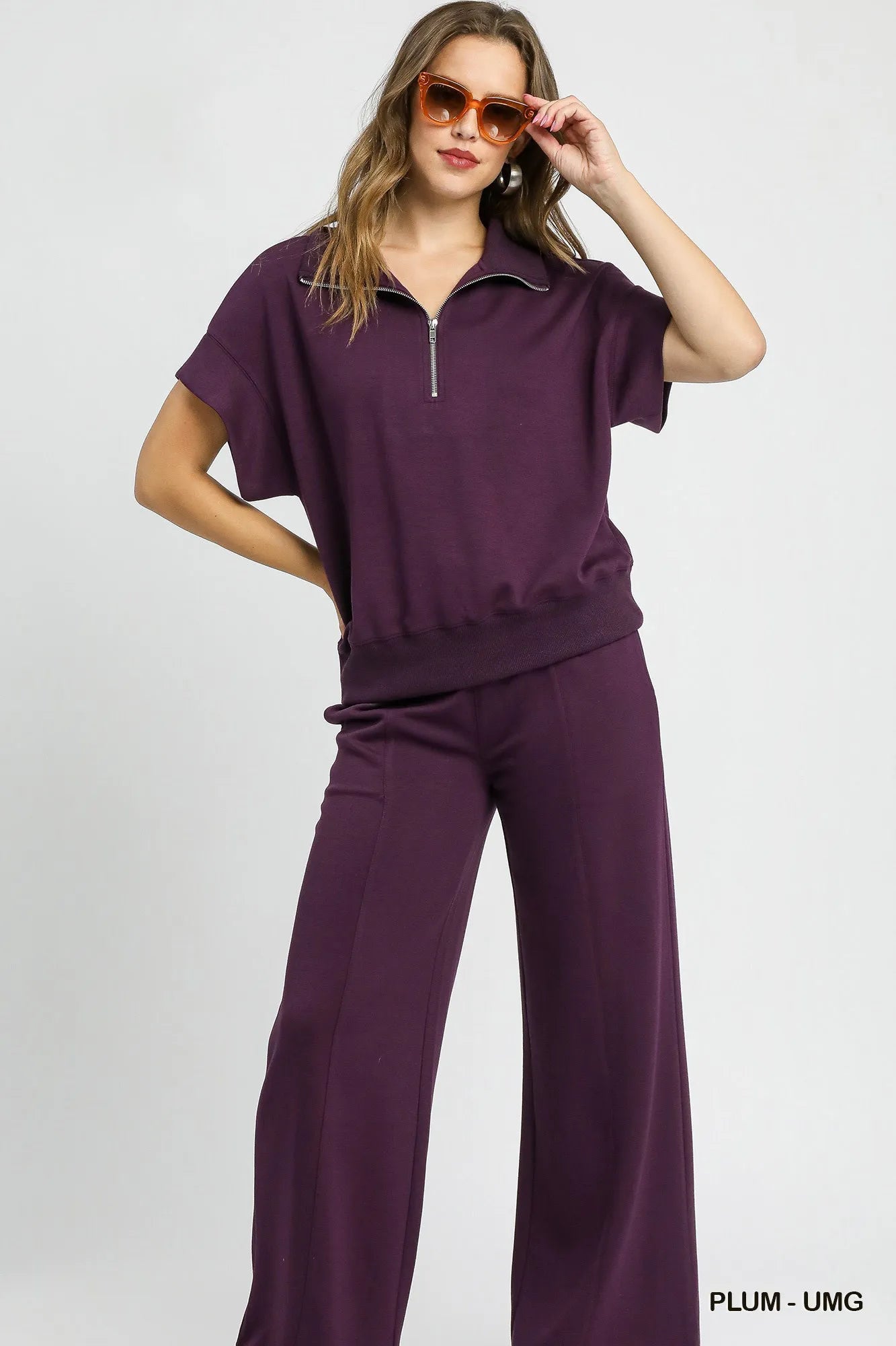Umgee Blouse Half-Zip Short Sleeve Plum Purple Top S-2XL 4c1d50ba-32c4-46b3-bdf4-01a7b7be866a-Max-Origin Trendsi