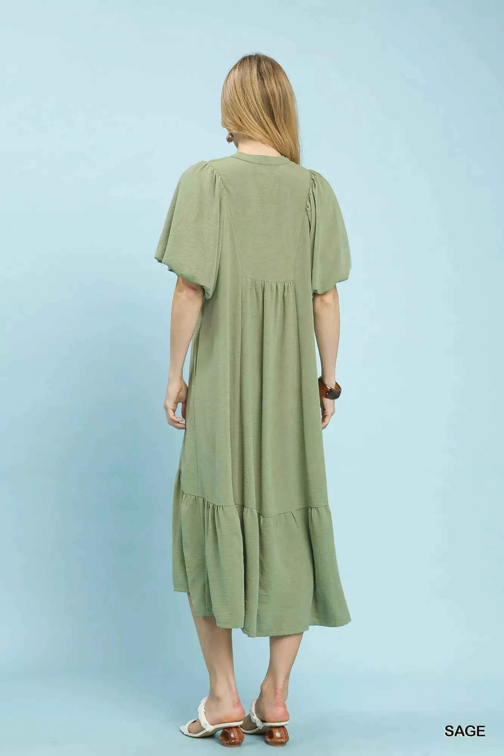 Umgee Midi Dress Sage Ruffled Puff Short Sleeve with V Neck Lace Detail 4c1ed346-2a98-407f-86a7-29a40c7fe515-Max-Origin Trendsi