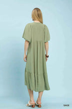 Umgee Midi Dress Sage Ruffled Puff Short Sleeve with V Neck Lace Detail 4c1ed346-2a98-407f-86a7-29a40c7fe515-Max-Origin Trendsi