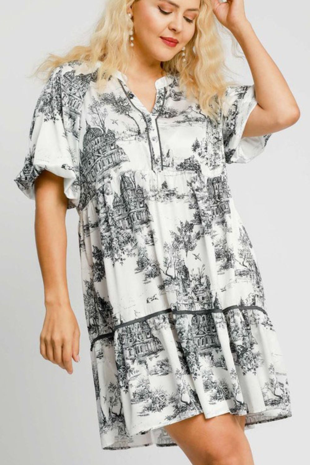 Umgee Floral Dress Black Landscape Print Dress Ruffle Short Sleeve S-2XL 4c209723-52b4-4d87-93e1-c8a4d47f5732-Max Trendsi