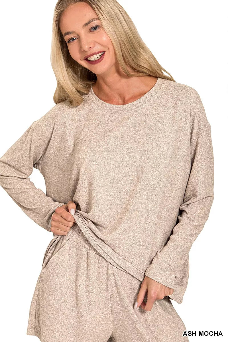 Zenana Womens Set Mocha Soft Melange Long Sleeve Top Tee and Shorts