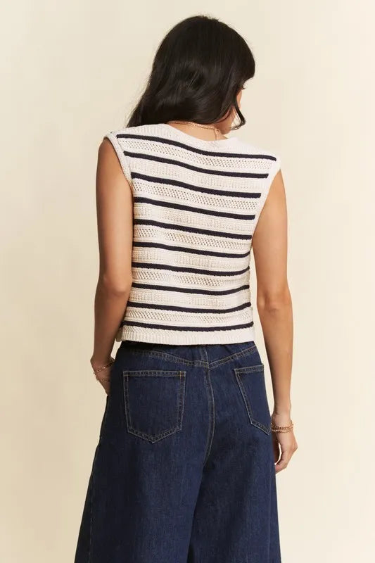 Rear view of cropped striped knit vest displaying rounded neckline and continuous horizontal navy and cream stripes