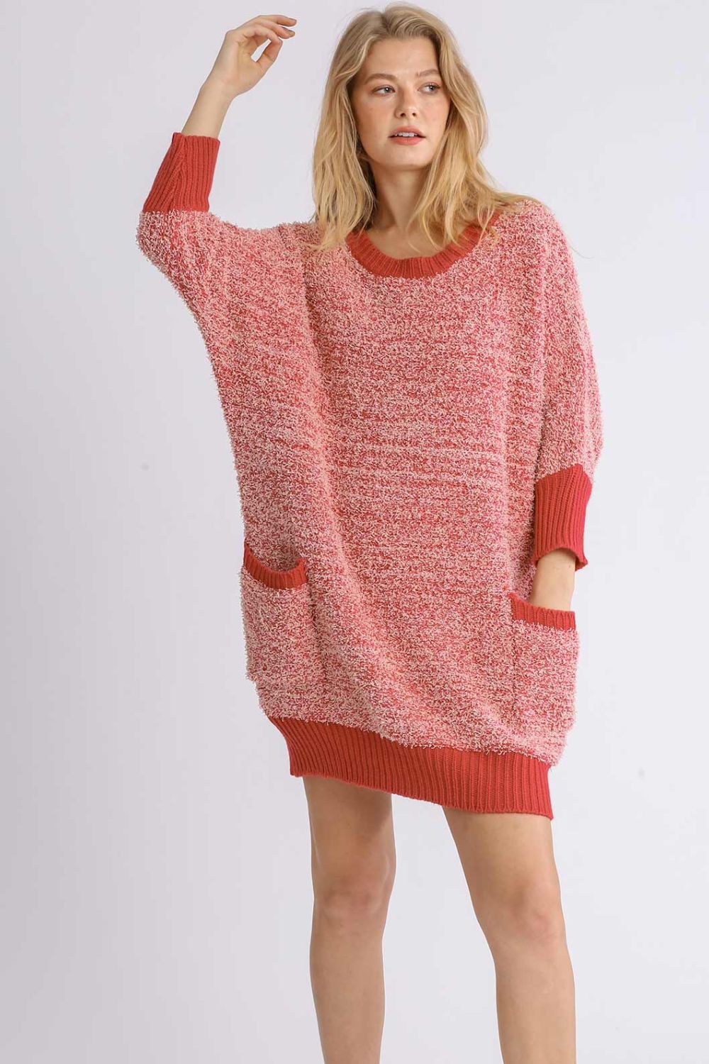 Umgee Sweater Dress Mini Ribbed Hem Round Neck 3/4 Sleeve with Pockets Scarlet 4c341f7a-10ba-4f90-8832-786d58a3bbdf-Max Trendsi