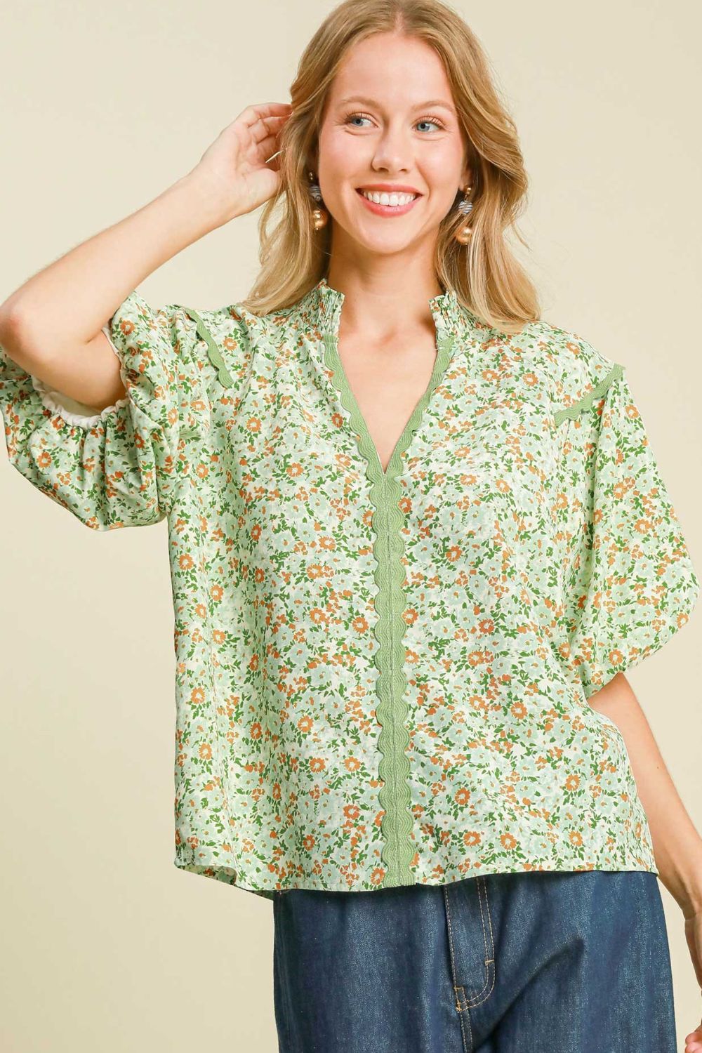 Umgee Blouse Floral Print Light Green Puff Short Sleeve Smocked Top Light Green 4c3d53e3-3d7e-4151-9f70-889e2324ad48-Max Trendsi
