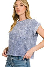 Zenana Halo Snow Washed Cotton Cuffed Short Sleeve Top