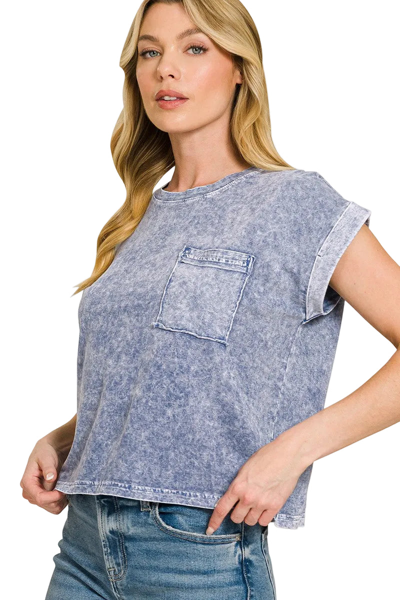 Zenana Halo Snow Washed Cotton Cuffed Short Sleeve Top