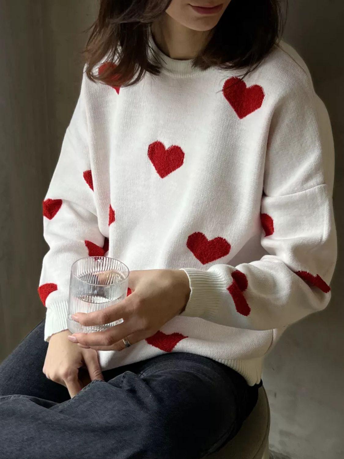 Heart Sweater Round Neck Dropped Shoulder Long Sleeve Knitwear White One Size 4c444c58-90c8-4553-8eb5-20aa12bad16a-Max Trendsi