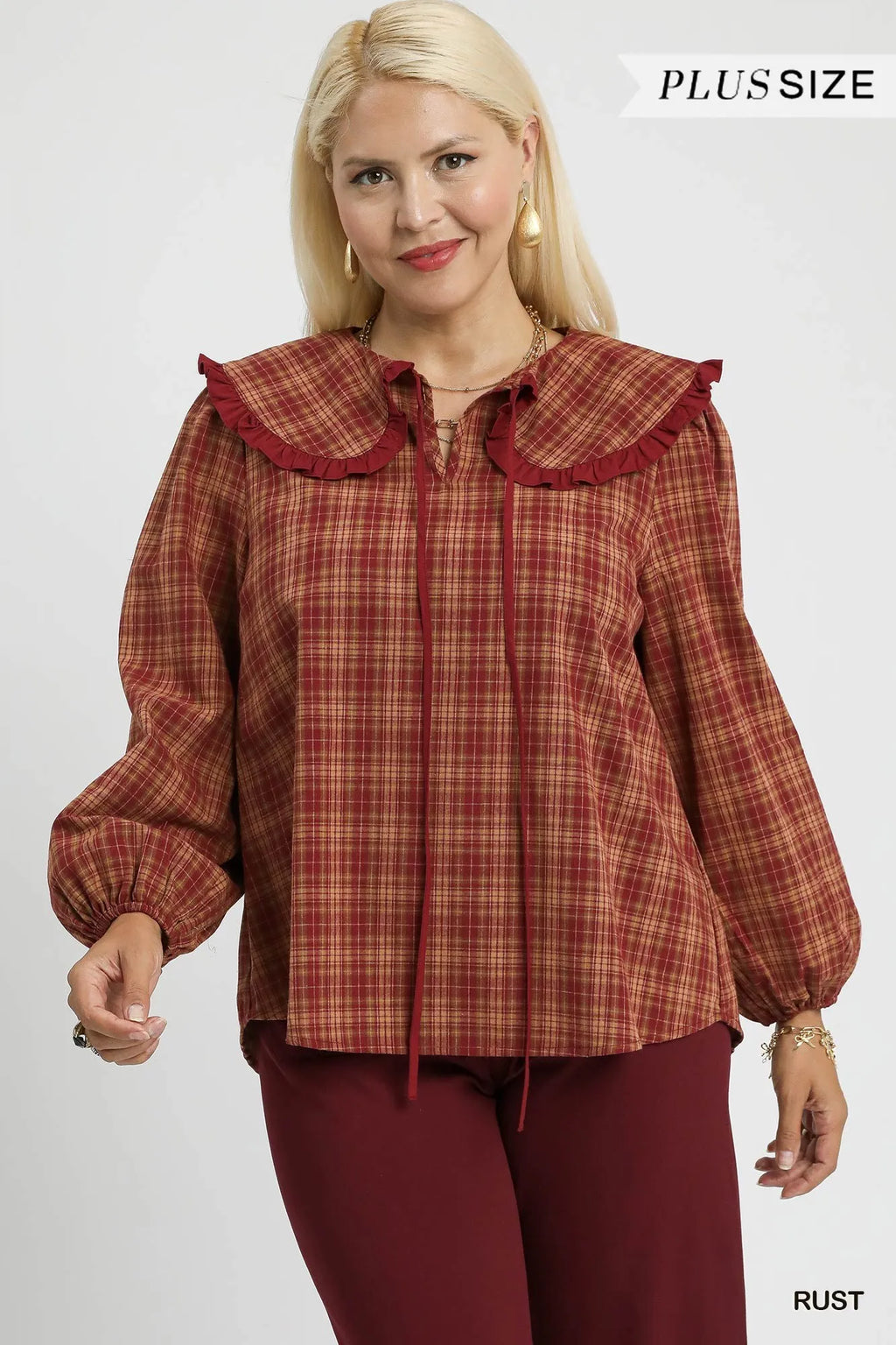 Umgee Women's Blouse Rusty Plaid Ruffle Collar Long Sleeve Top 4c453323-e1e4-4bfe-b07f-261fe32cd794-Max-Origin Trendsi