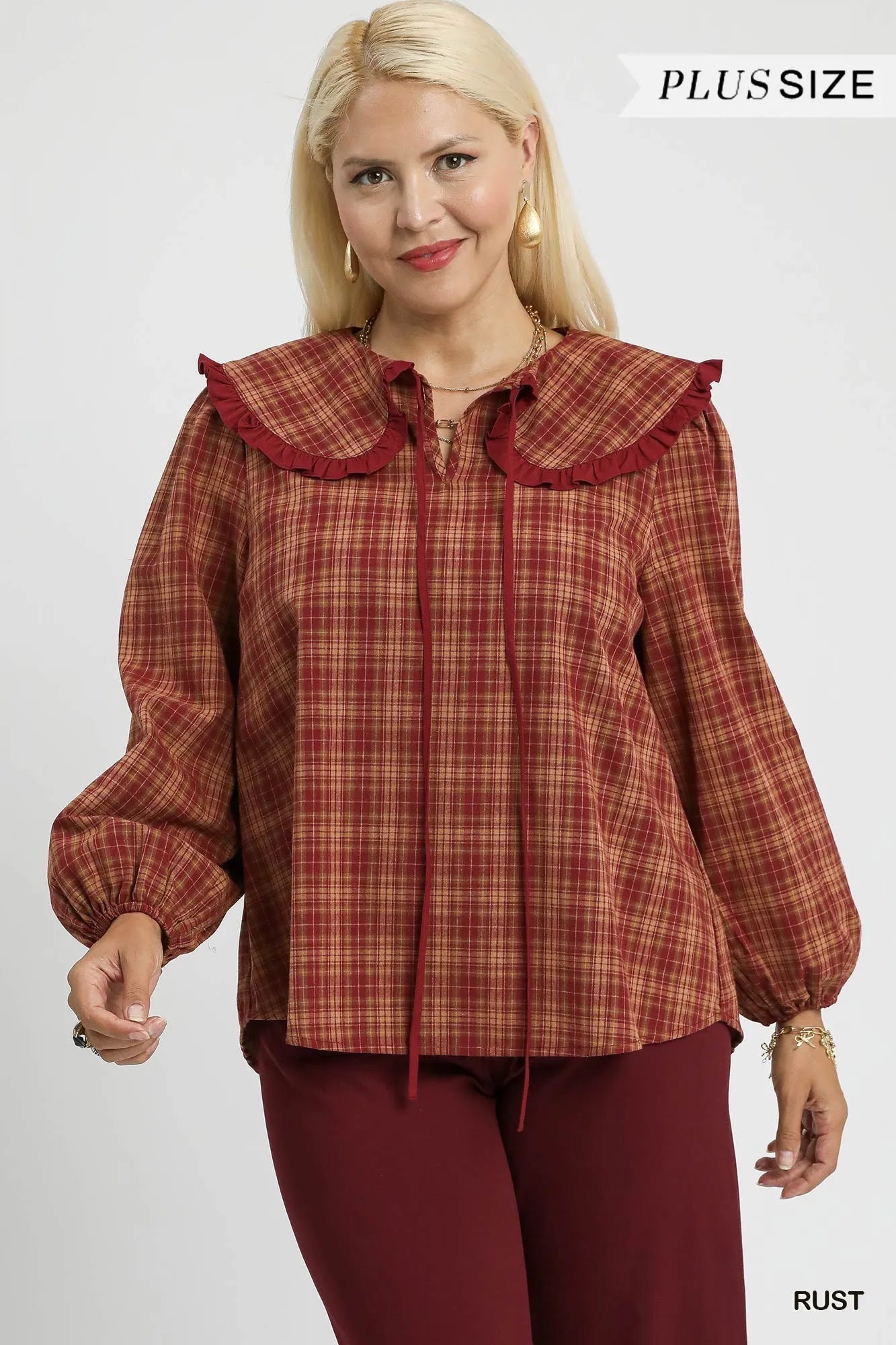 Umgee Women's Blouse Rusty Plaid Ruffle Collar Long Sleeve Top 4c453323-e1e4-4bfe-b07f-261fe32cd794-Max-Origin Trendsi