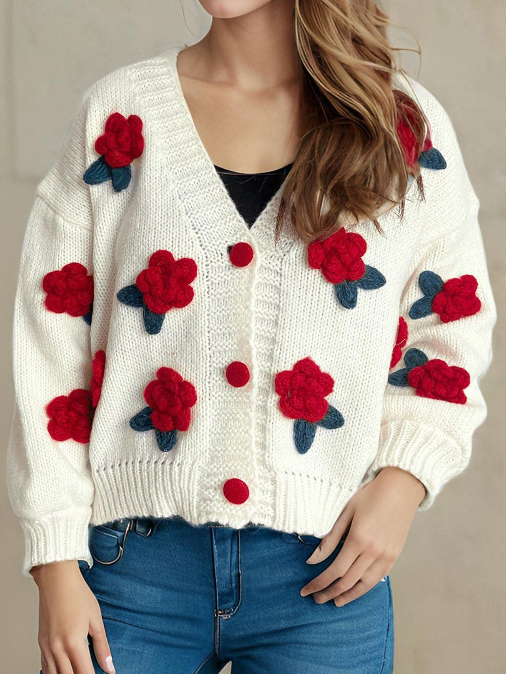 Cardigan Flower Button Down V-Neck Long Sleeve Knitwear 4c47fdda-50c9-4e5e-83ec-aabf7bde2035-Max Trendsi