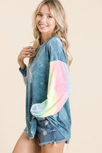 BiBi Tie Dye Womens Blouse Blue Mix French Terry Top With Contrast Tie Dye 4c48f8d0a0fa4c8cae53bd34a8cd637d-Max-Origin Trendsi